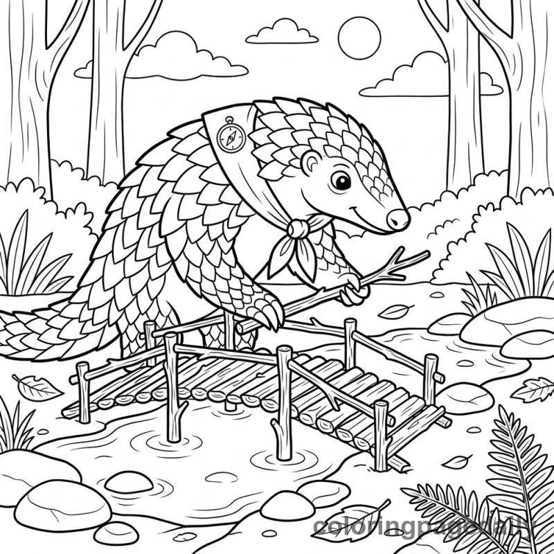 Pangolin Scout Twig Bridge - Daily printable coloring page in Animals category