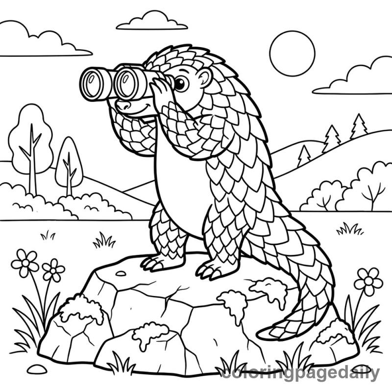 Pangolin With Binoculars - Daily printable coloring page in Animals category