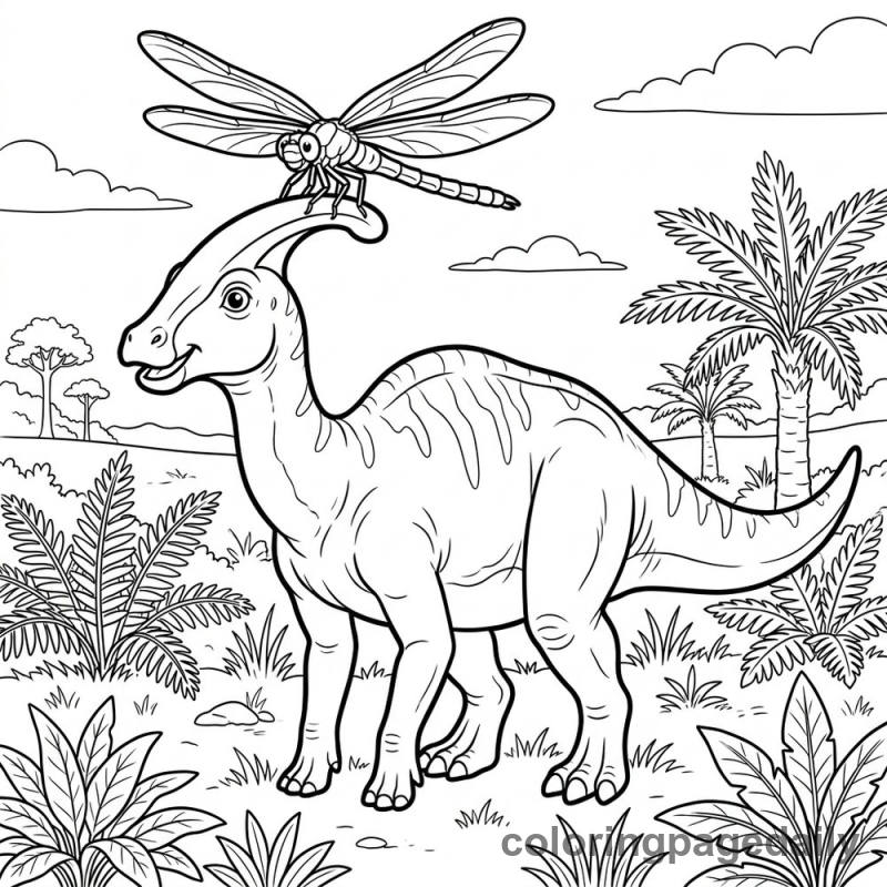 Parasaurolophus Balancing Giant Dragonfly - Daily printable coloring page in Dinosaur category
