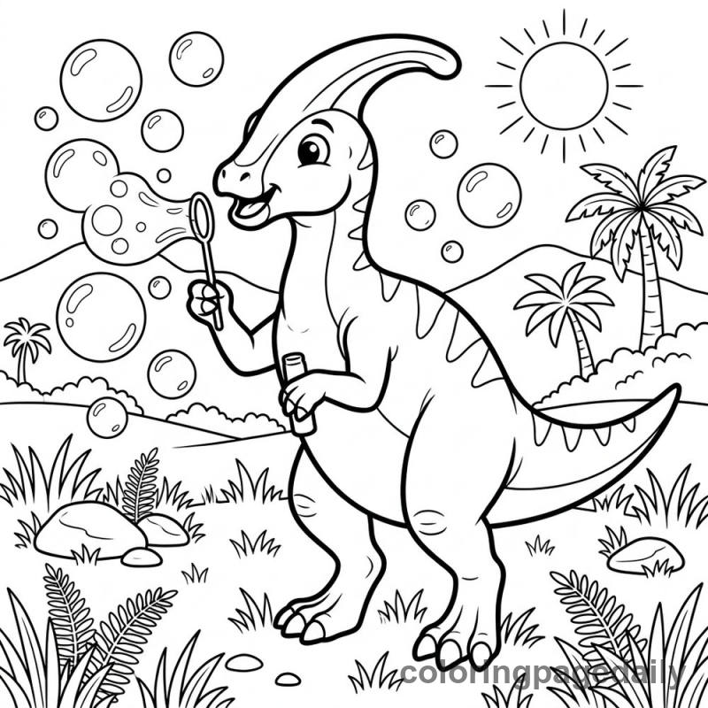 Parasaurolophus Blowing Bubbles - Daily printable coloring page in Dinosaur category
