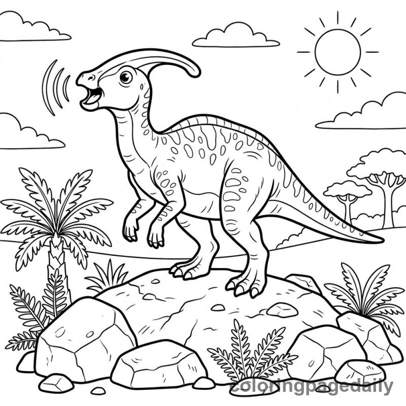 Parasaurolophus Calls Hello - Daily printable coloring page in Dinosaur category
