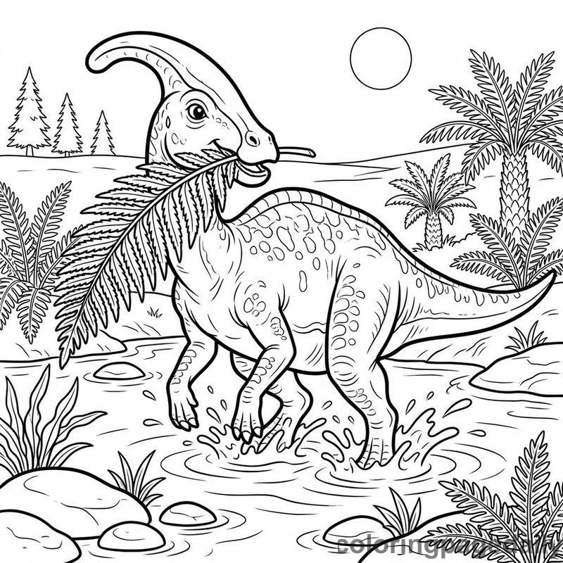 Parasaurolophus Carrying Fern Leaf - Daily printable coloring page in Dinosaur category