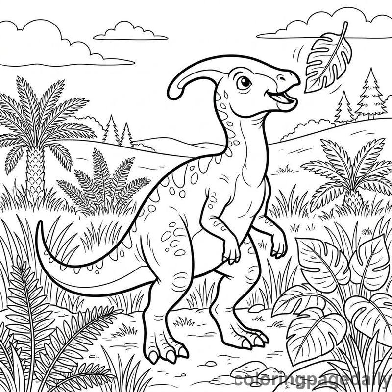 Parasaurolophus Catching A Leaf - Colored reference example