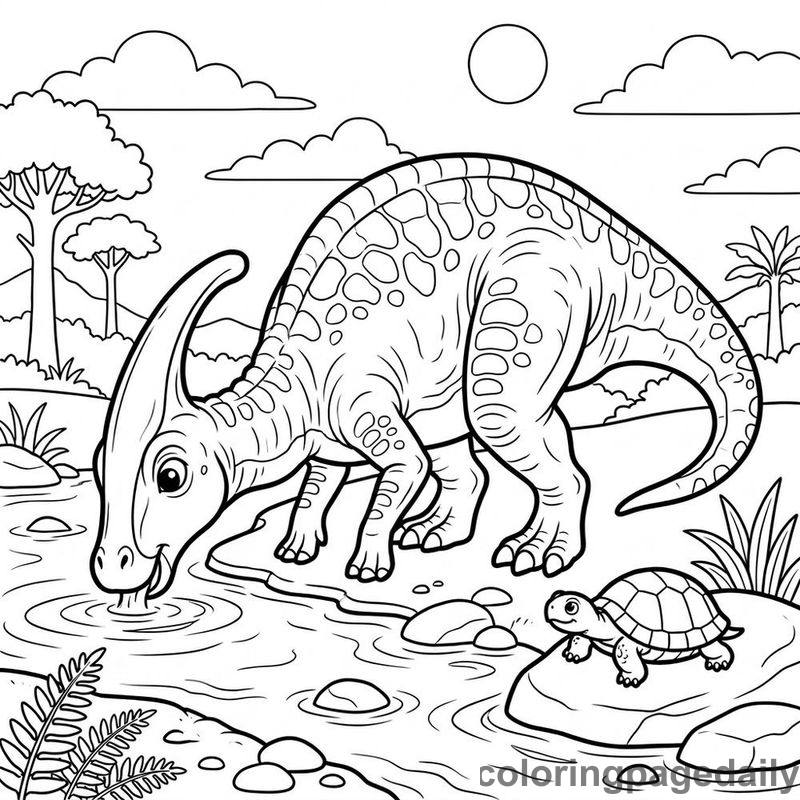 Parasaurolophus Drinking From River - Colored reference example