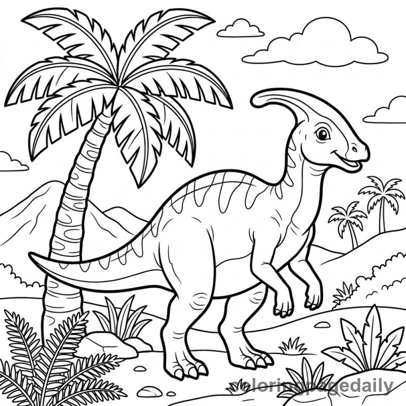 Parasaurolophus in Nature - Daily printable coloring page in Dinosaur category