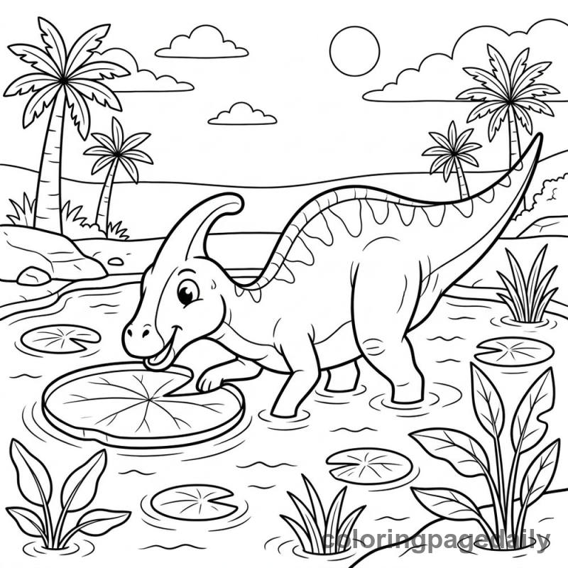 Parasaurolophus Nudging Lily Pad - Daily printable coloring page in Dinosaur category