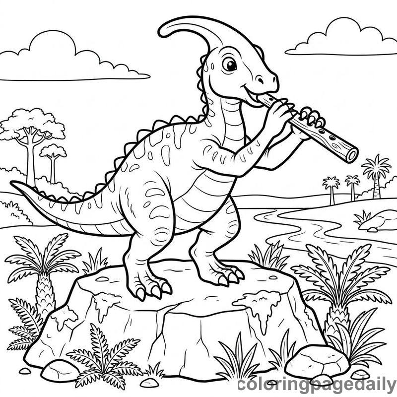 Parasaurolophus Playing Flute - Daily printable coloring page in Dinosaur category