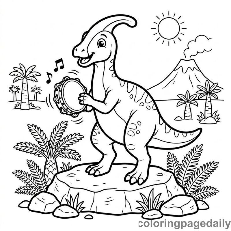 Parasaurolophus Playing Tambourine - Colored reference example