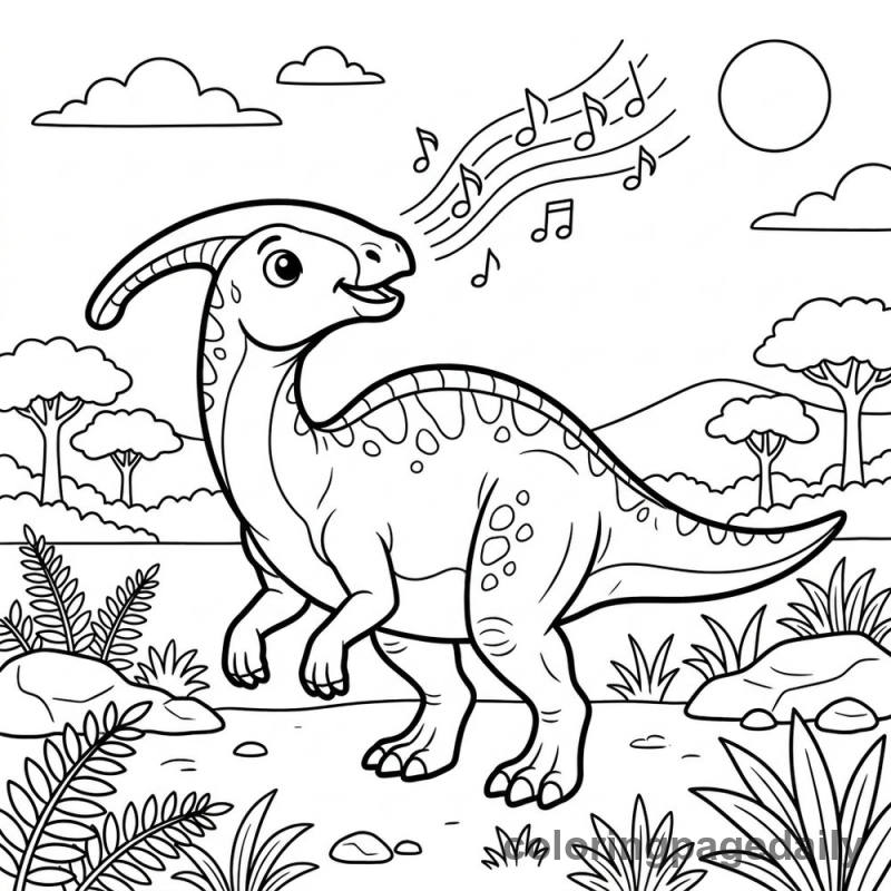 Parasaurolophus Plays a Song - Daily printable coloring page in Dinosaur category