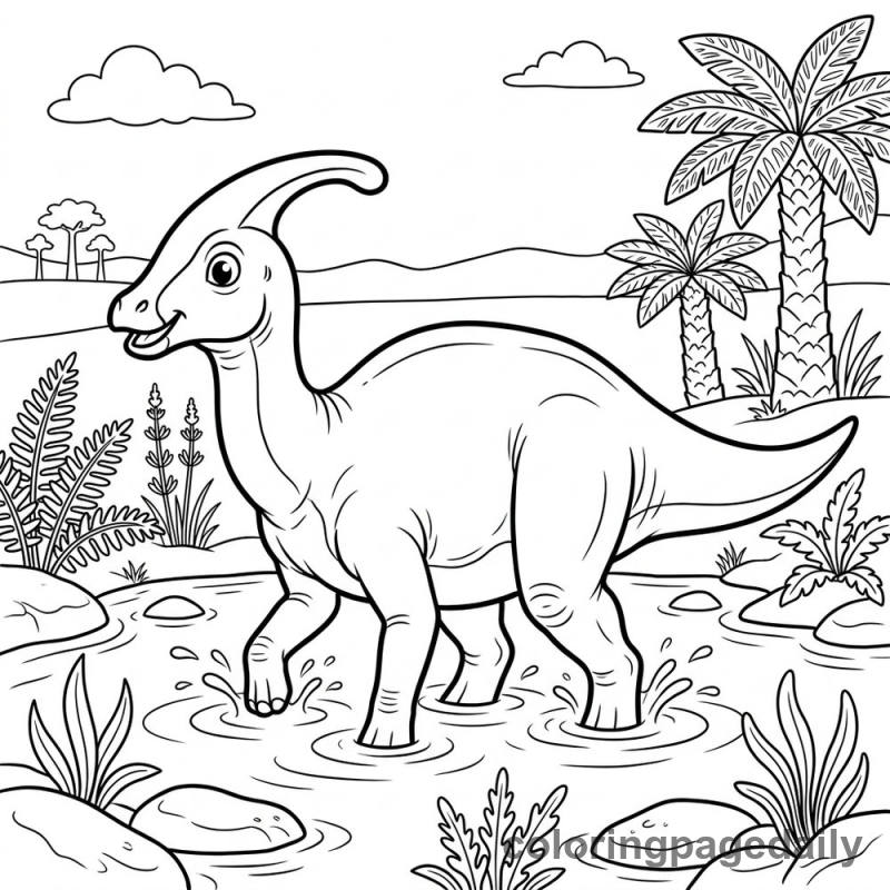 Parasaurolophus Pond Wade - Daily printable coloring page in Dinosaur category