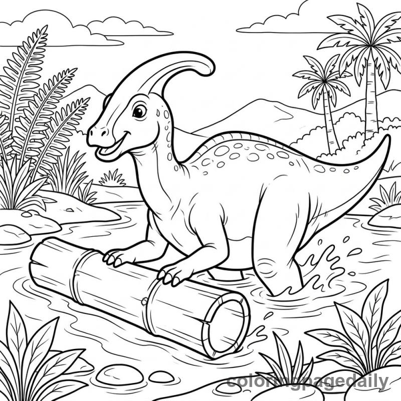 Parasaurolophus Pushing Bamboo Log - Colored reference example