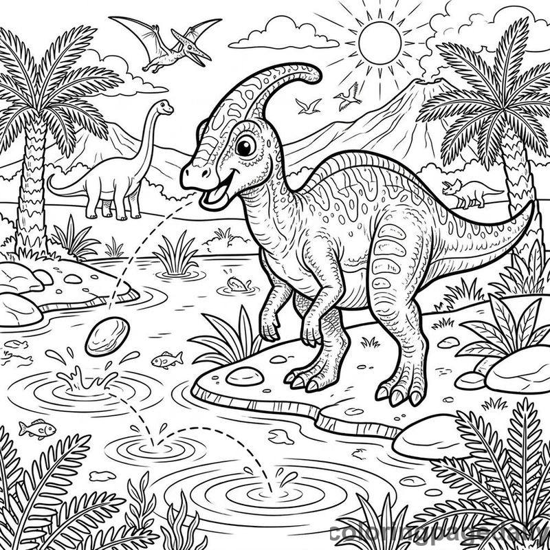 Parasaurolophus Skipping Stones - Daily printable coloring page in Dinosaur category