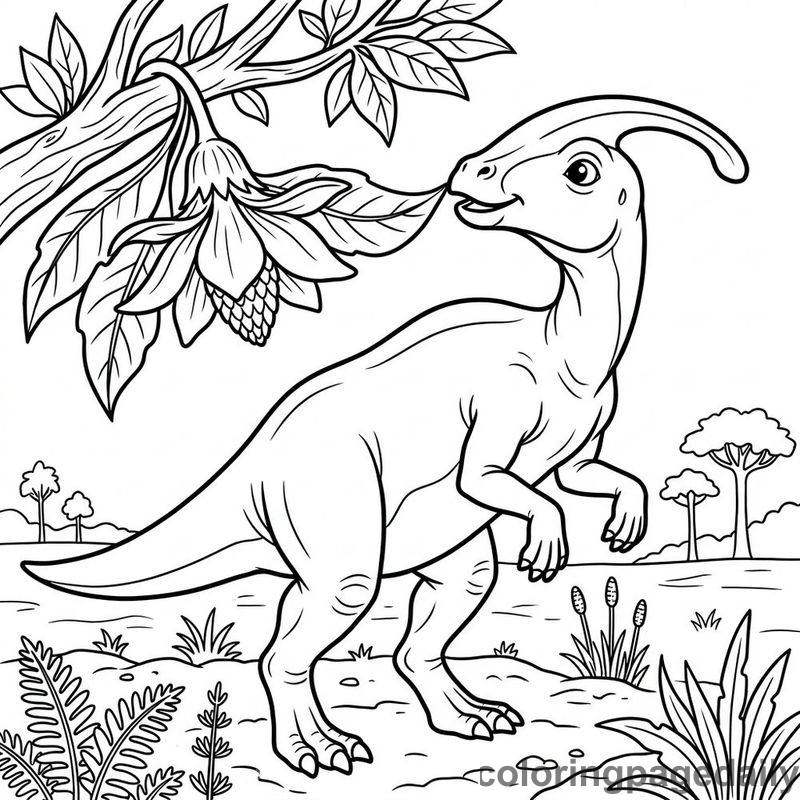 Parasaurolophus Smelling Giant Flower - Daily printable coloring page in Dinosaur category