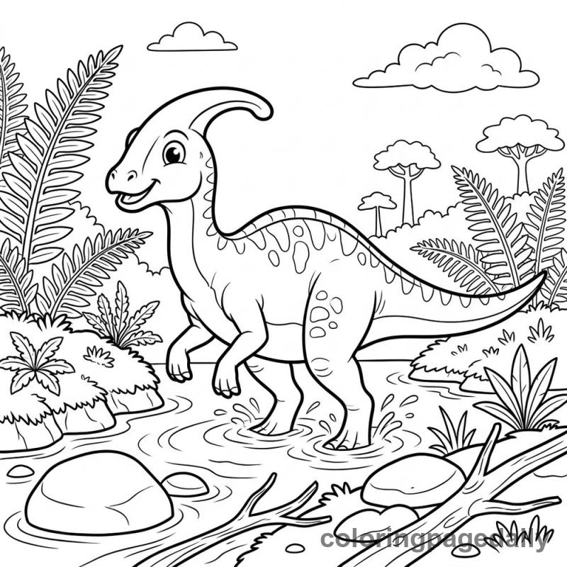 Parasaurolophus Wading Stream - Colored reference example