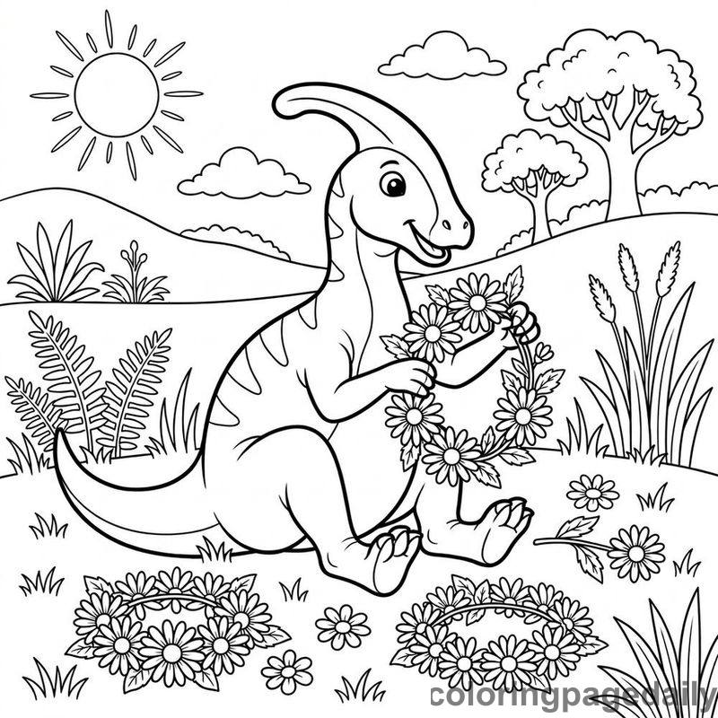 Parasaurolophus Weaving Flower Crown - Daily printable coloring page in Dinosaur category