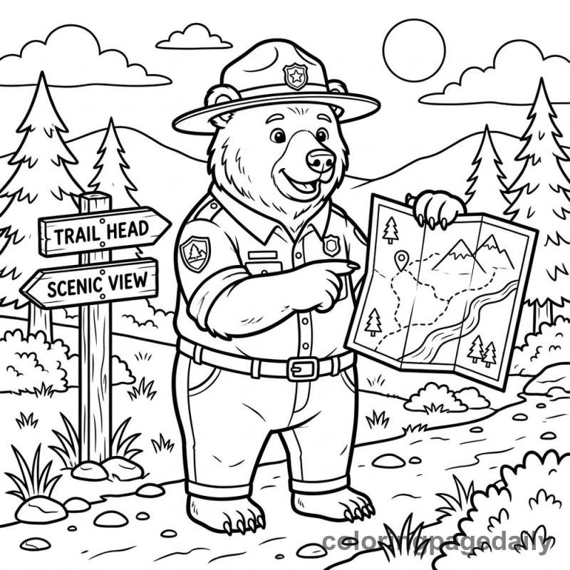 Park Ranger Bear Reads a Map - Colored reference example