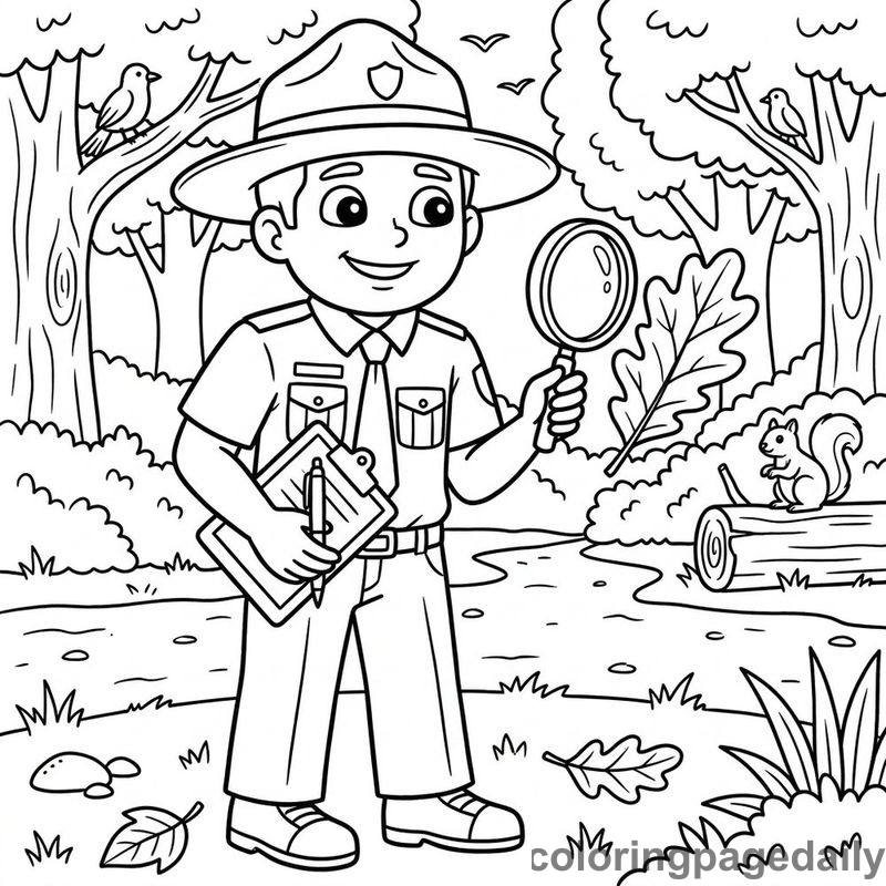 Park Ranger Identifying Leaves - Colored reference example