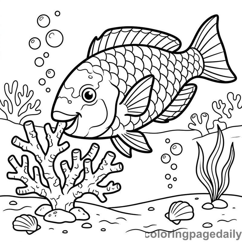 Parrotfish Nibbling Staghorn Coral - Daily printable coloring page in Ocean and Underwater Life category