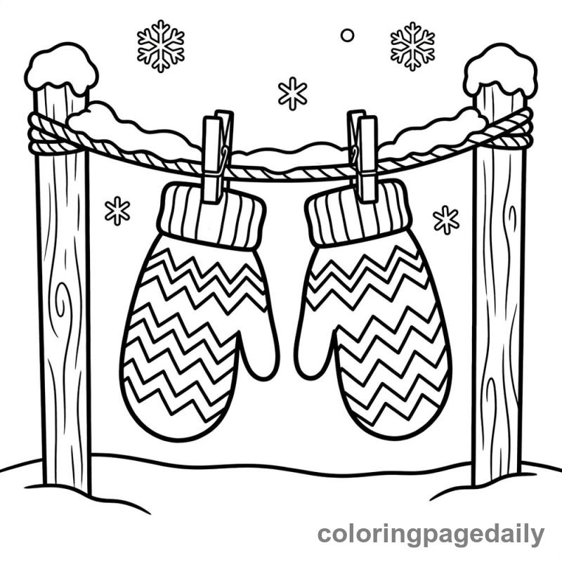 Patterned Winter Mittens Clothesline - Daily printable coloring page in Winter and Snow Season category