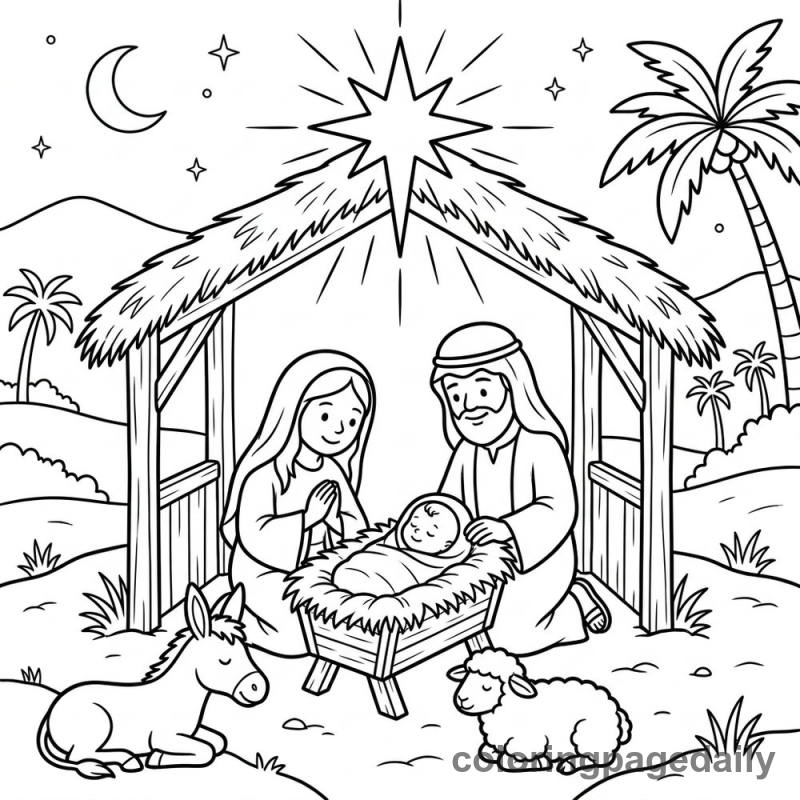 Peaceful Christmas Nativity Scene - Daily printable coloring page in Christmas category