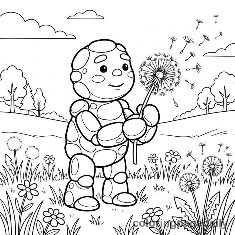 Pebble Golem Blowing Dandelion - Daily printable coloring page in Mythical Creature category