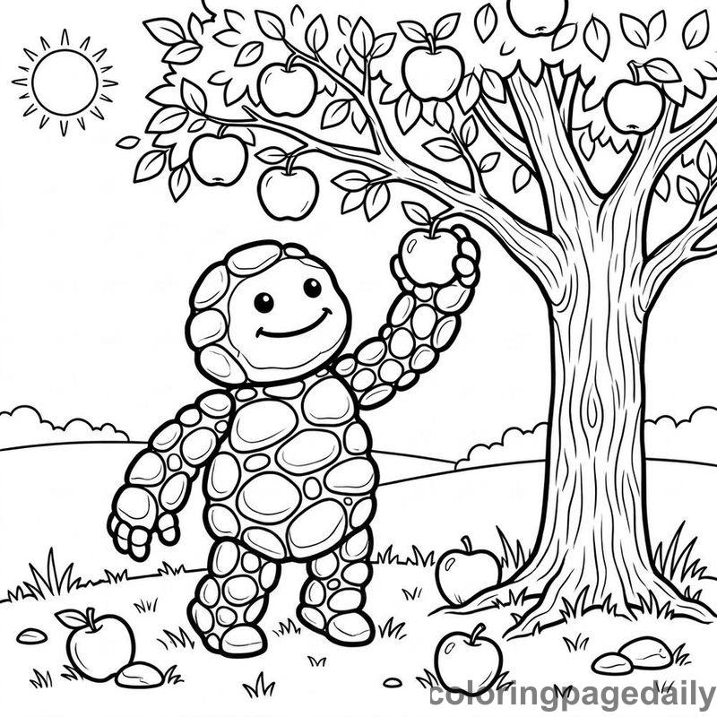 Pebble Golem Picking Apples - Colored reference example