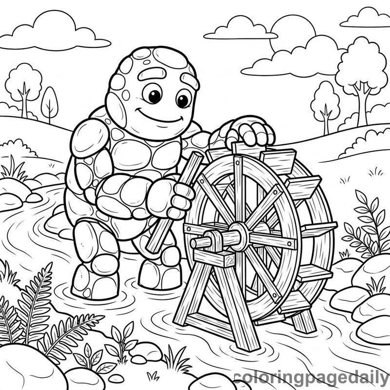 Pebble Golem Building Water Wheel - Colored reference example