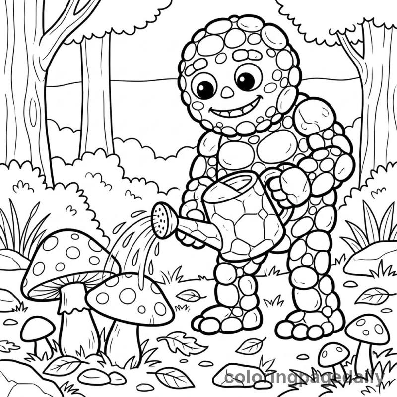 Pebble Golem Watering Mushrooms - Daily printable coloring page in Mythical Creature category