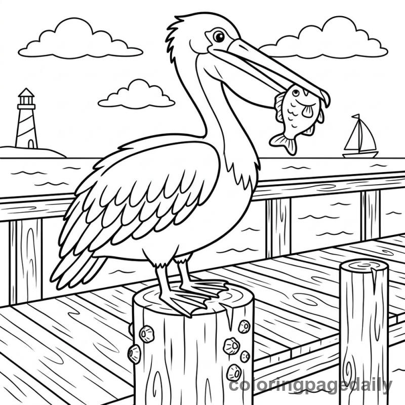 Pelican on Pier - Daily printable coloring page in Ocean and Underwater Life category
