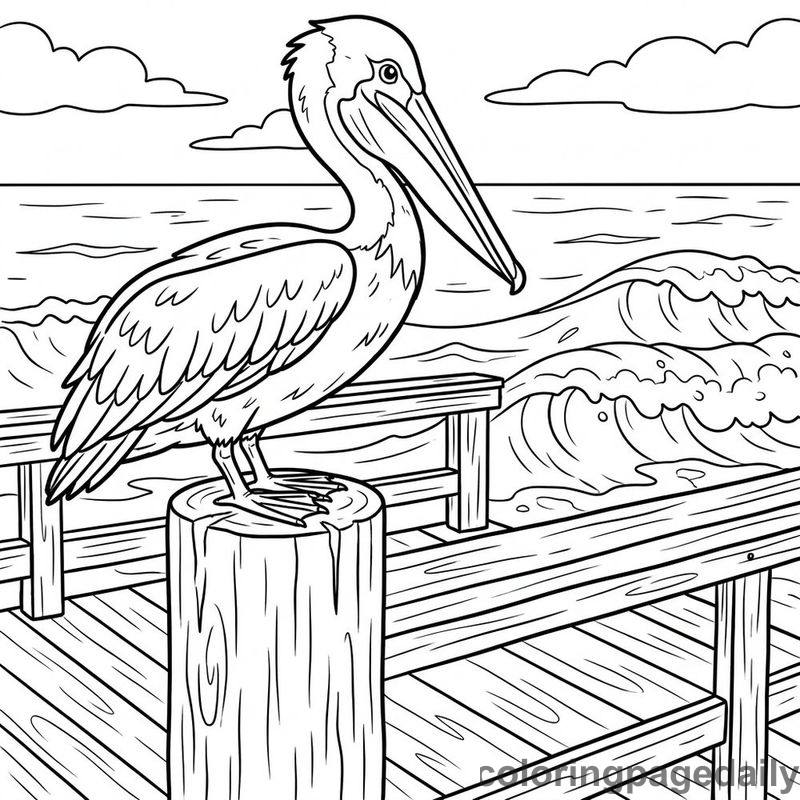 Pelican On The Pier - Daily printable coloring page in Ocean and Underwater Life category