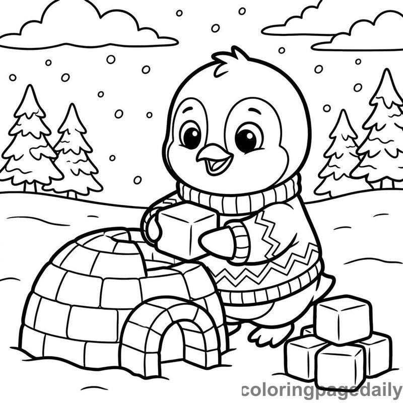 Penguin Building Snow Igloo - Colored reference example