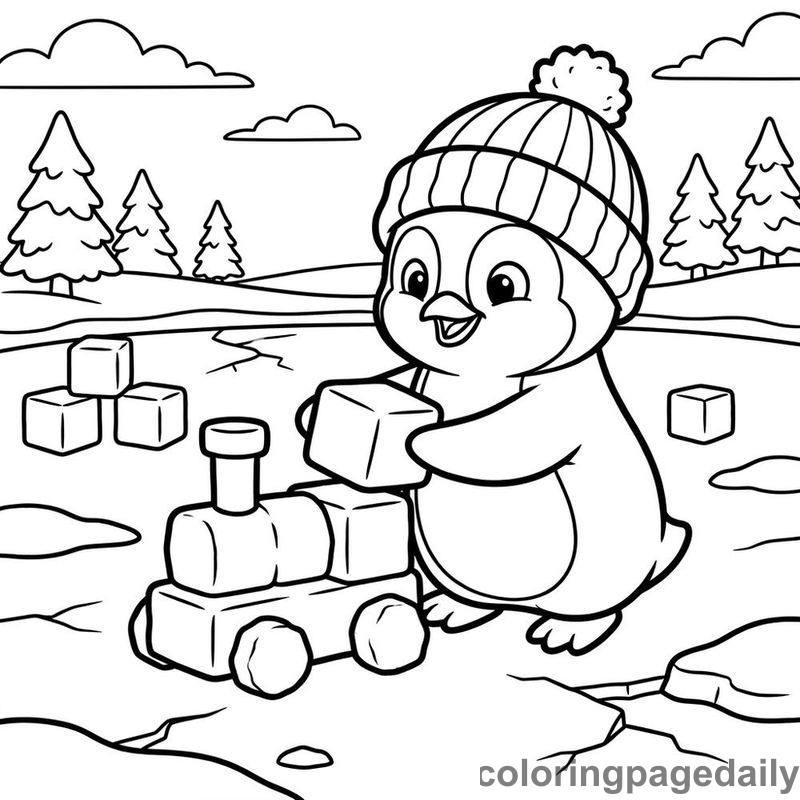 Penguin Building Snow Train - Daily printable coloring page in Winter and Snow Season category