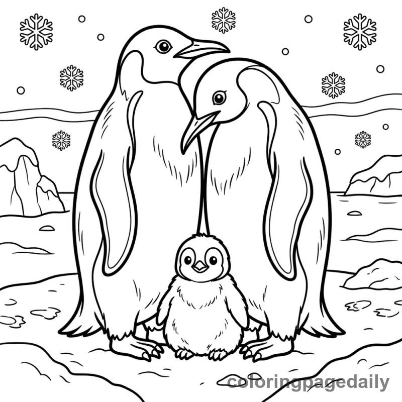 Penguin Family's Warm Huddle - Daily printable coloring page in Winter and Snow Season category