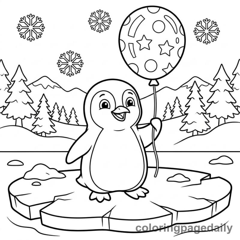 Penguin Holding Balloon - Daily printable coloring page in Winter and Snow Season category