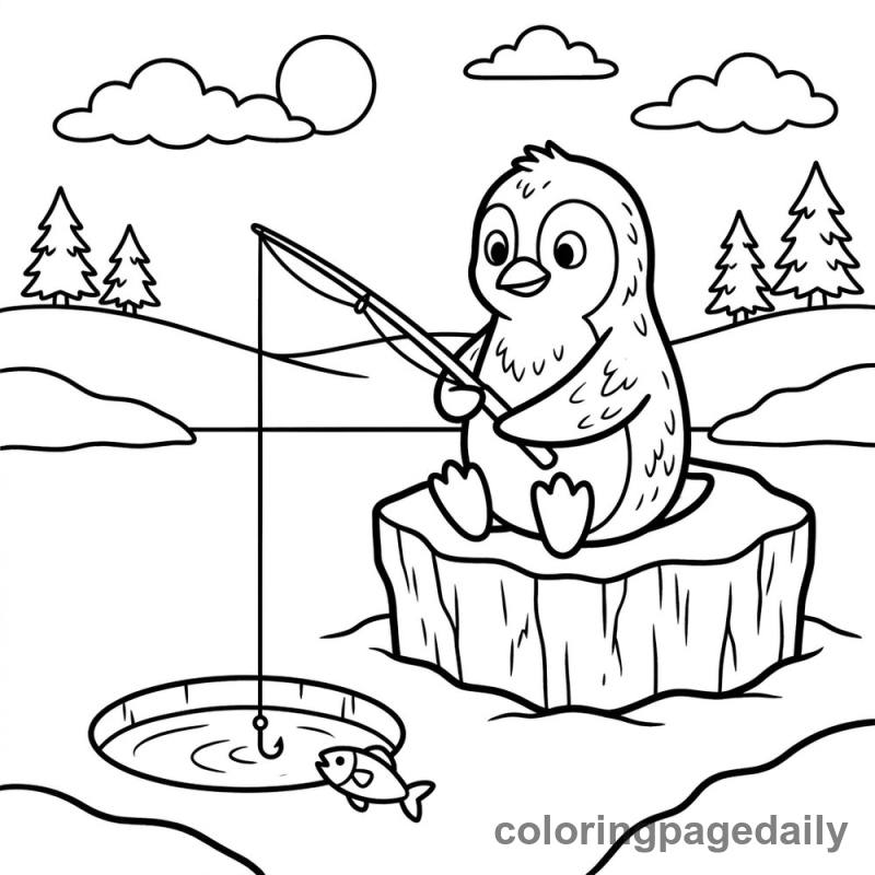Penguin Ice Fishing - Daily printable coloring page in Winter and Snow Season category