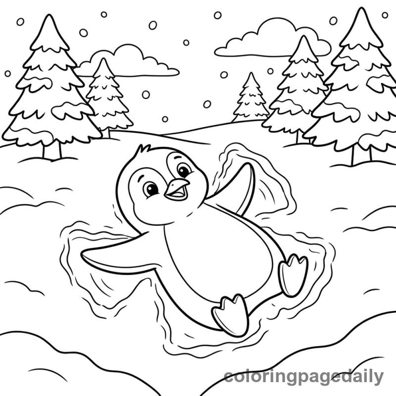 Penguin Making Snow Angel - Daily printable coloring page in Winter and Snow Season category