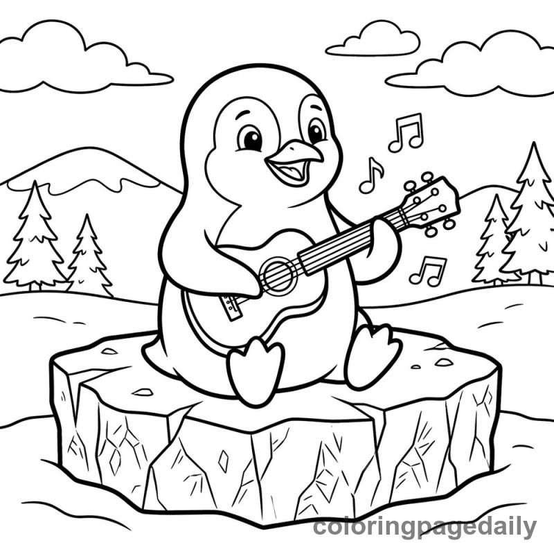 Penguin Playing Ukulele - Daily printable coloring page in Winter and Snow Season category