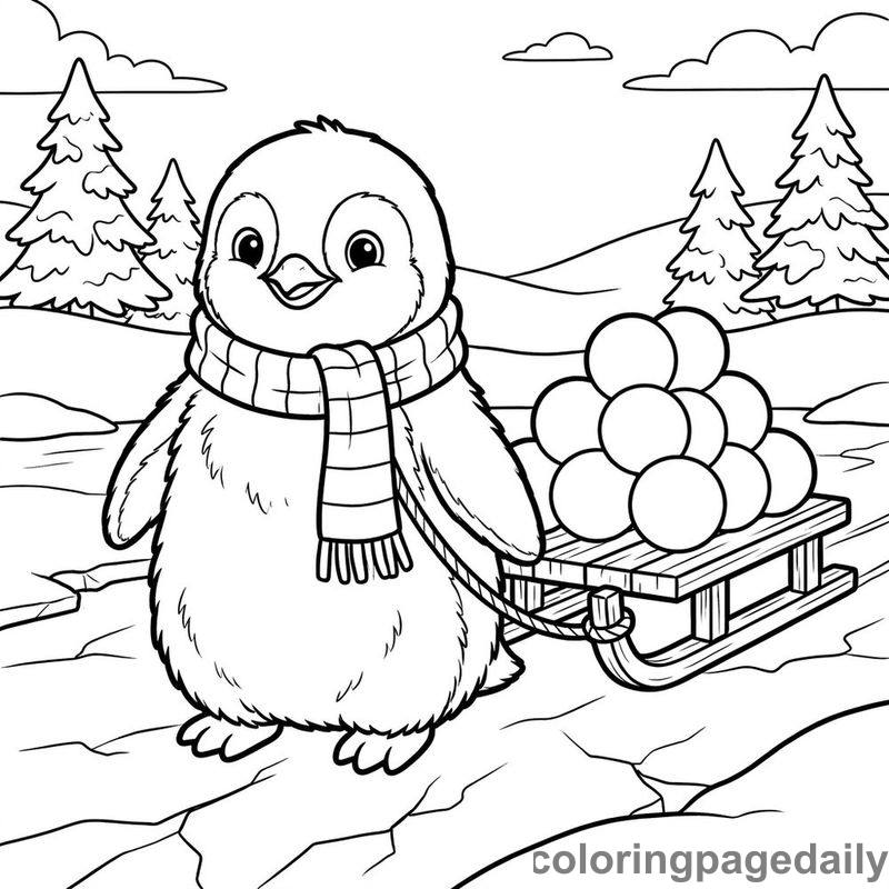 Penguin Pulling Snowball Sled - Colored reference example