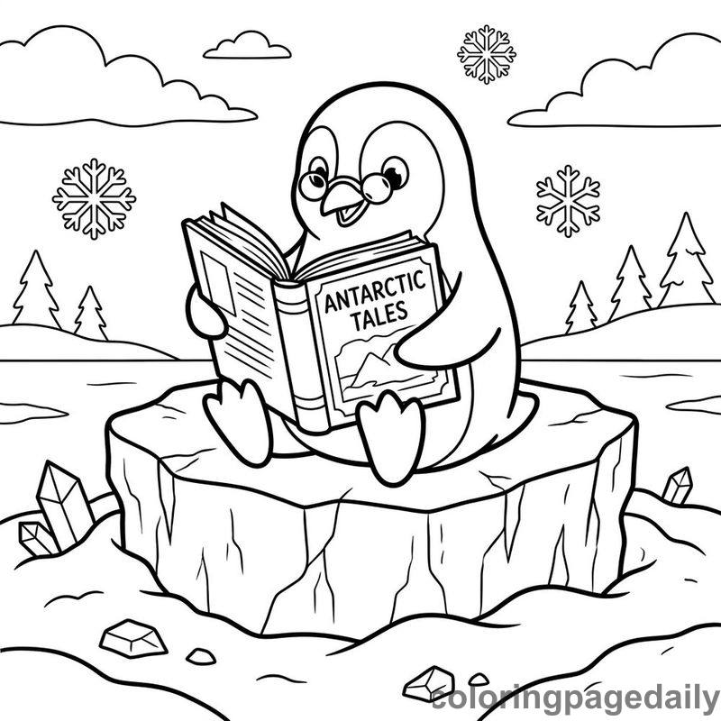 Penguin Reading Book - Daily printable coloring page in Winter and Snow Season category