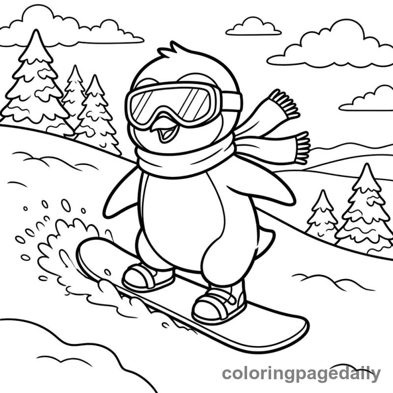 Penguin Snowboarding Adventure - Daily printable coloring page in Winter and Snow Season category