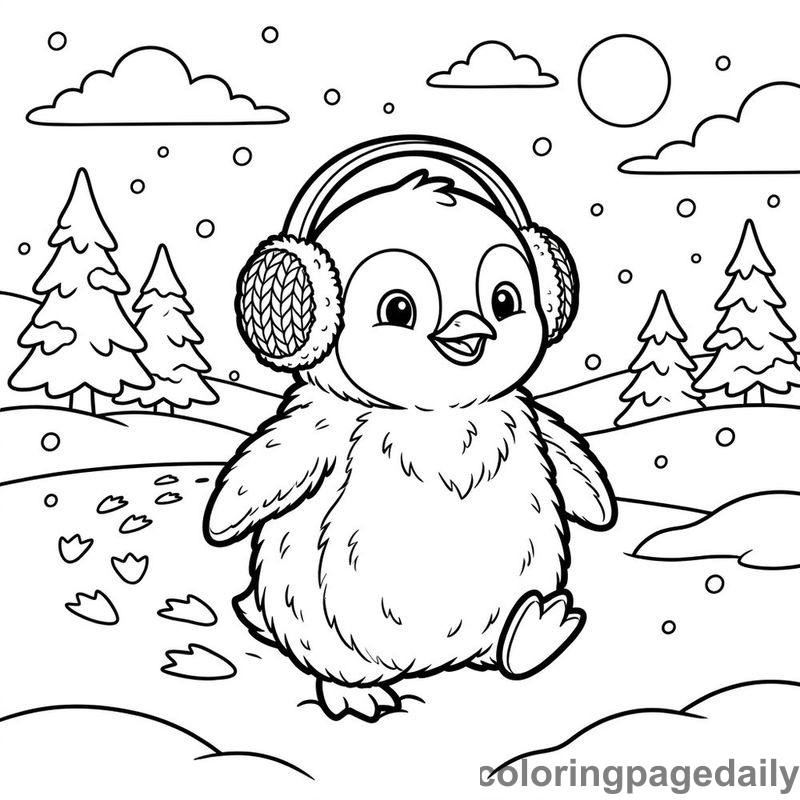 Penguin Wearing Winter Earmuffs - Daily printable coloring page in Winter and Snow Season category