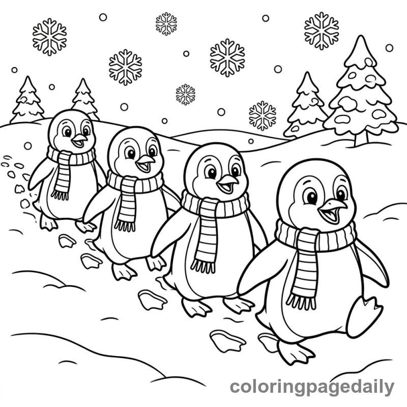 Penguins' Winter Scarf Parade - Daily printable coloring page in Winter and Snow Season category