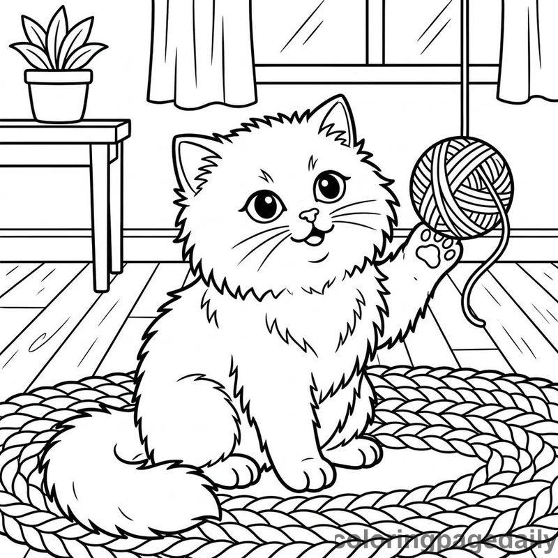 Persian Kitten Batting Yarn - Daily printable coloring page in Pets and Cute Companions category