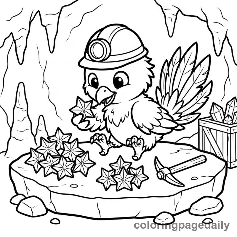Phoenix Chick Arranging Crystals - Daily printable coloring page in Mythical Creature category