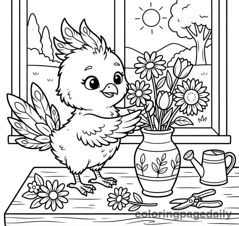 Phoenix Chick Arranging Flowers - Colored reference example