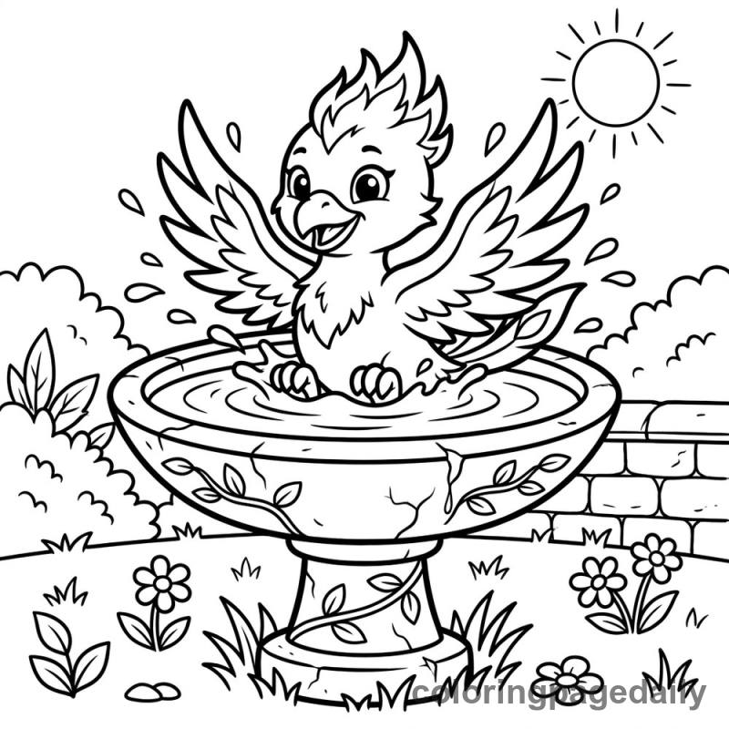 Phoenix Chick Birdbath Splash - Daily printable coloring page in Mythical Creature category