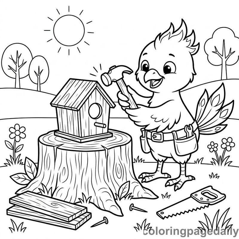 Pippin’s Magical Makeover: Building a Home in the Woods - story illustration coloring page
