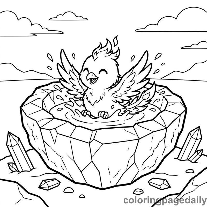 Phoenix Chick Crystal Bath - Daily printable coloring page in Mythical Creature category