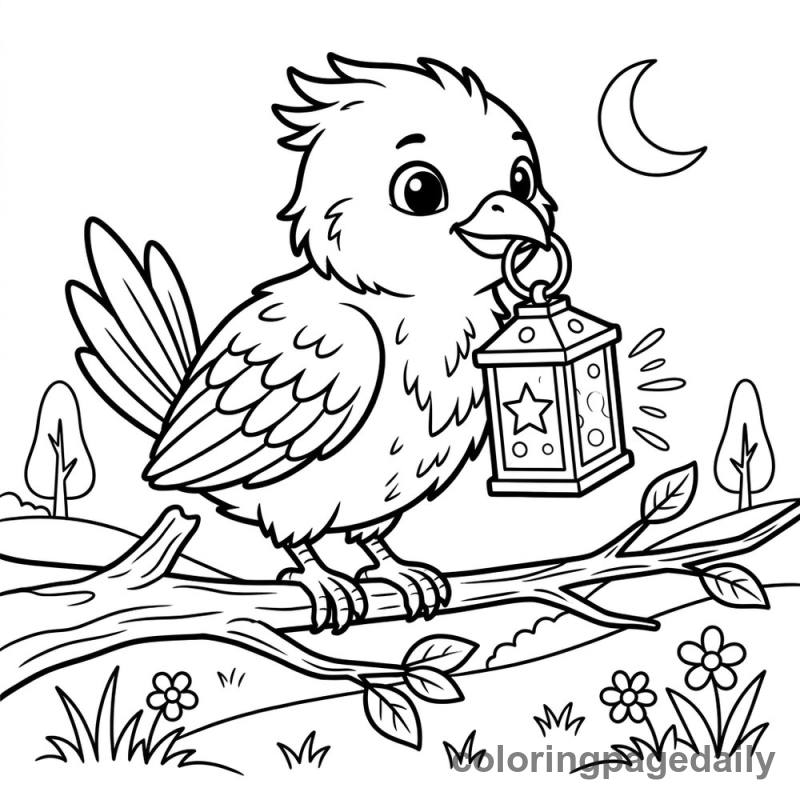 Phoenix Chick Holding Lantern - Daily printable coloring page in Mythical Creature category