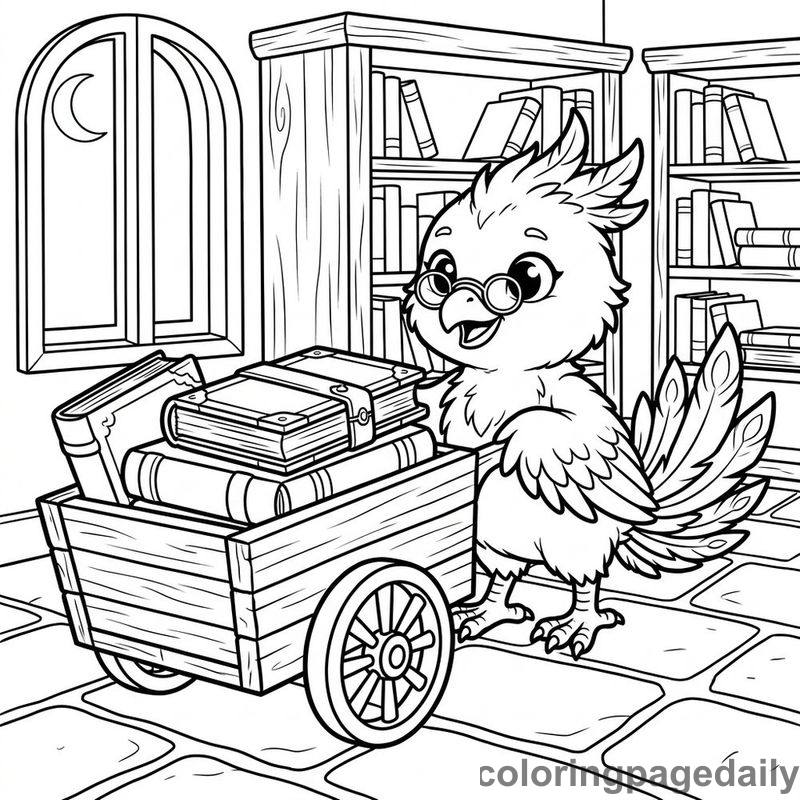 Phoenix Chick Librarian Cart - Daily printable coloring page in Mythical Creature category